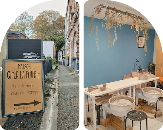 Entrée de la Maison Cimer la Poterie avec son panneau signalétique, et vue intérieure de l’atelier de céramique équipé de tours de potier et d’un décor végétal suspendu.